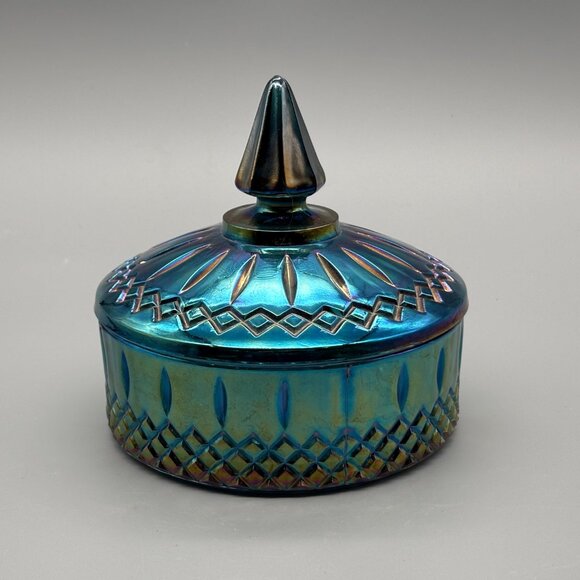 Vintage Indiana Glass Princess Candy Dish Blue Carnival Dish Lidded Vanity - Picture 2 of 11